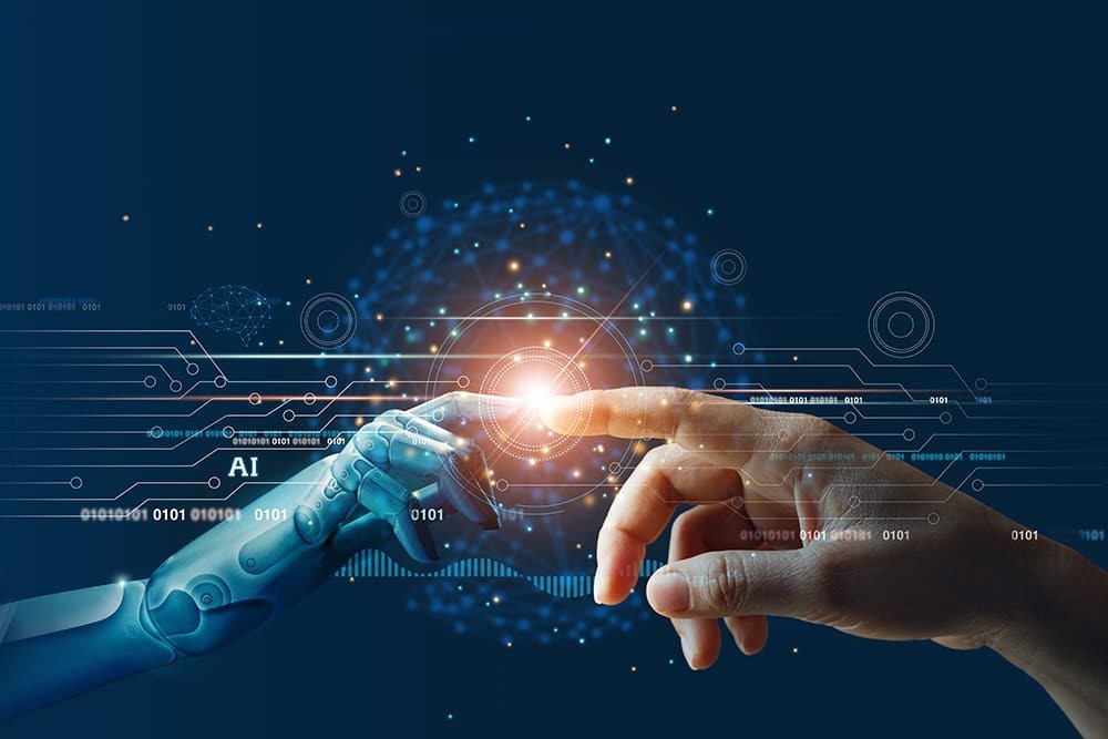 A human hand and a robotic hand reaching toward each other