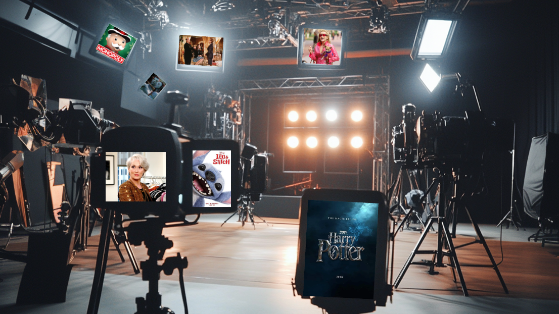 Studio set with monitors showing 2025 sequel and reboot announcements