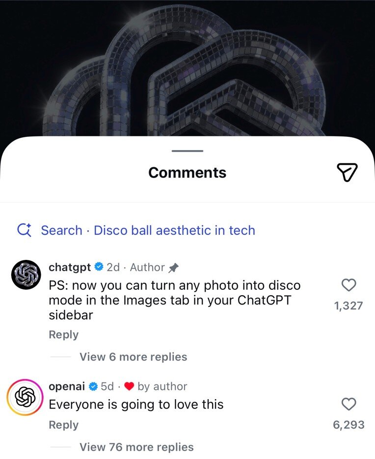 ChatGPT's disco-style logo, inviting users to turn any photo into disco mode