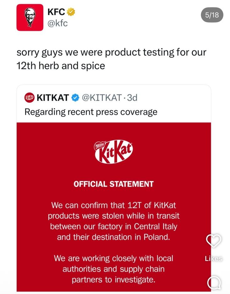 KFC and Domino's joining in on the KitKat heist trend