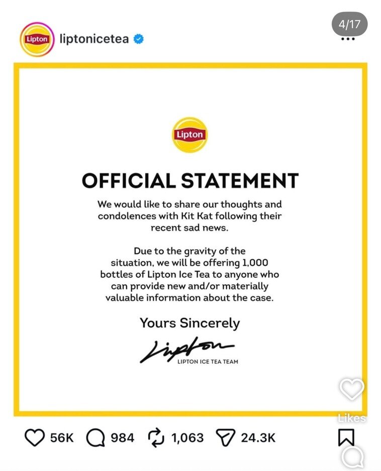Lipton Ice Tea official statement about the KitKat heist