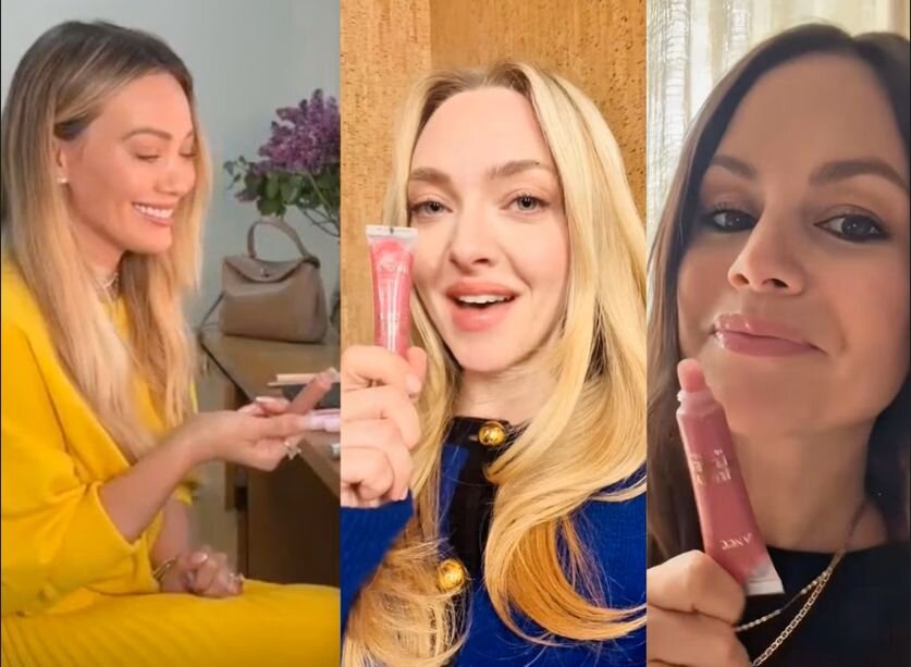 Hilary Duff, Amanda Seyfried, and Kelly Rowland holding Lancome Juicy Tubes